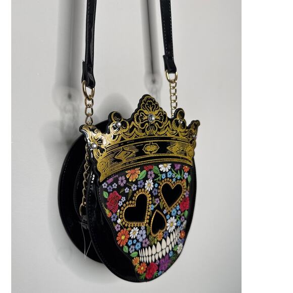 Betsey Johnson Floral Sugar Skull Crown gem black round Crossbody Bag - Picture 7 of 15